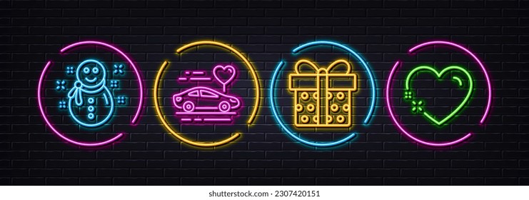 Snowman, Gift box and Honeymoon travel minimal line icons. Neon laser 3d lights. Heart icons. For web, application, printing. New year, Present package, Car trip. Love. Neon lights buttons. Vector