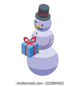 Snowman with gift box icon isometric vector. Winter snow. Cute ice