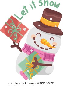 un muñeco de nieve con caja de regalo y texto le deja nevar.