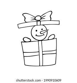 Snowman in gift box. Vector hand drawn, outline doodle illustration isolated on white. Christmas design element.