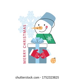 Snowman with a gift box. Vector holiday art, greeting card, flat icon, symbol of the new year.