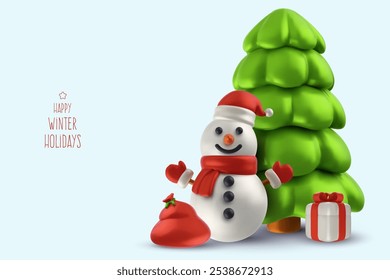 Muñeco de nieve con caja de regalo y árbol de Navidad. Merry Navidades y Happy Año Nuevo composición en estilo de Vector 3d. Fondo de Festiva para Anuncio, tarjeta, volante. Ilustración de dibujos animados realista.