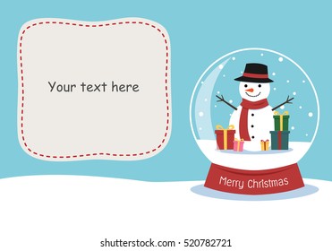 Snowman and gift boxes in crystal ball with space for add text. Christmas card.