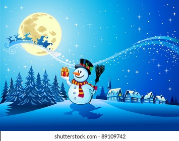 Snowman with the gift in Christmas night with Santa sleigh far in the sky