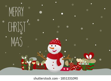 snowman with gift in christmas and space for text, vintage, background, vector, illustrator
