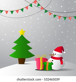snowman and gift with christmas trees on snow background