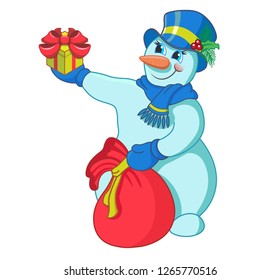 Snowman with a gift in hand. New Year card.