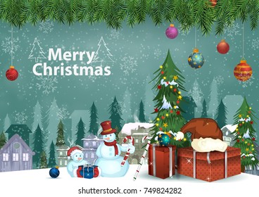Snowman with gift for Merry Christmas and Happy New Year in vector