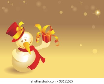 Snowman with gift on warm colored background with snowflakes. Vector illustration.