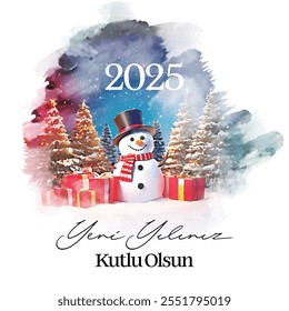 Snowman and gift packages happy new year 2025