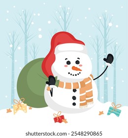 Snowman with gift sack and Santa hat, Vector