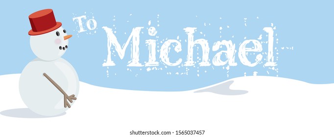 Snowman Gift Tag or Label Art Personalized for Michael in a decorative serif font. Snowman is wearing a red hat in a snowy landscape.