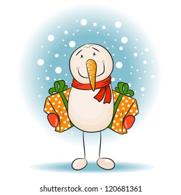 Snowman with gift. Vector illustration 10 eps