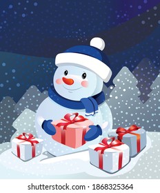 
snowman with gift vector illustration 