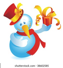 Snowman with gift. Vector illustration.