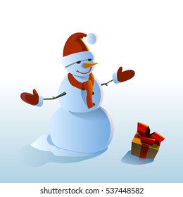 Snowman and gift vector illustration on white background.