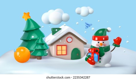 A snowman with a gift waves his hand near the house in winter. Vector illustration