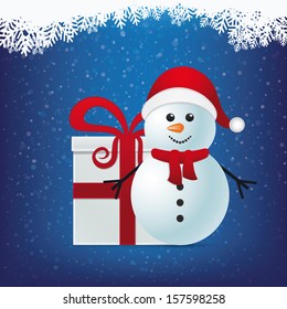 snowman and gift winter snowy background