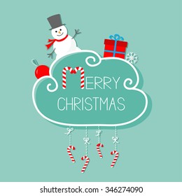 Snowman, giftbox, snowflake and ball. Merry Christmas card. Hanging Candy Cane. Dash line with bow. Flat design. Blue background. Vector illustration