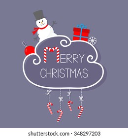 Snowman, giftbox, snowflake and ball. Merry Christmas card. Hanging Candy Cane. Dash line with bow. Flat design. Violet background. Vector illustration