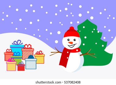 Snowman and gifts. Christmas.