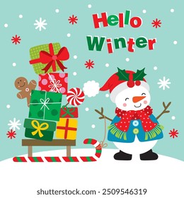 Snowman and Gifts For Christmas Card or Bag design
