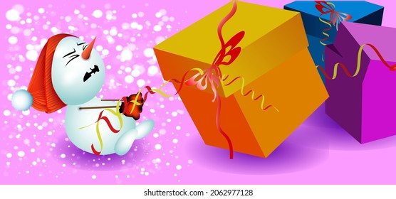 Snowman and gifts. Cute illustrations, background for christmas and new year

