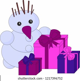 Snowman and gifts on white background. Christmas holiday. Winter holiday cartoon cute card, Merry christmas card.