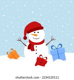 Snowman with gifts on winter snowy background. Flat design. Vector illustration