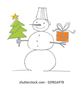 Snowman with gifts, sketch festive snowman