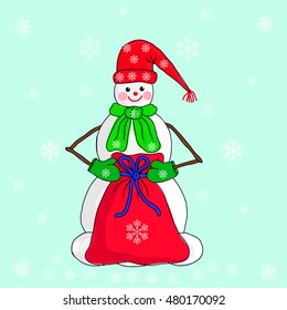 Snowman with gifts. Vector. New Year card. Christmas card with snowman.