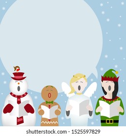 a snowman, gingerbread man, angel and elf singing Christmas carols with room for text