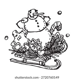 Muñeco de nieve con un hombre de jengibre y copo de nieve
