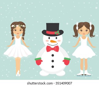 snowman and girl ballerina and girl figure skating