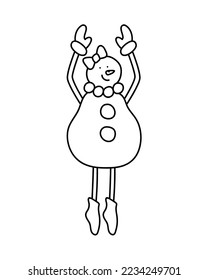 A snowman girl dances on her toes with her hands raised. Winter female character. Vector illustration in a doodle style.