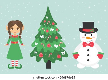 snowman and girl elf with braid and fir-tree