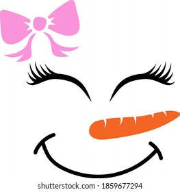 Snowman girl face icon. Cute snowman girl with bow big eyes, carrot nose svg