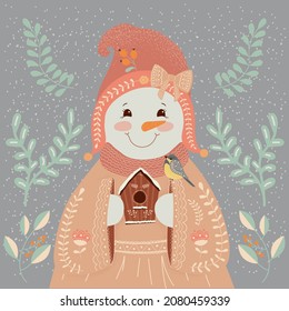 Snowman girl in folk style. Christmas illustration, greeting card.