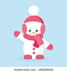 Snowman girl with pink clothes in hello or hi pose. Christmas vector illustration. Isolated cute cartoon snowman in scarf, mittens and hat with pompom in flat style.