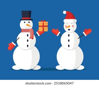 Snowman gives a Christmas present to another happy snowman. Merry Christmas and Happy New Year.