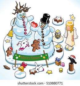 Snowman gives a heart to his girlfriend on a snowy landscape decorated with christmas items (isometric view)