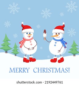 Snowman gives ice cream to his girlfriend in a snowy forest. Greeting card with text box.