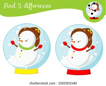 Snowman in glass ball. Find the differences educational children game. Kids activity fun page. Christmas, New Year holidays theme