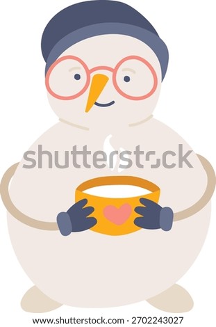 A snowman with glasses and a hat holds a steaming cup with a heart in a flat style. The character's warm expression and cozy drink create a friendly winter scene. Cartoon vector illustration.