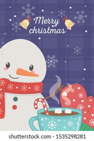 Snowman With Glove And Chocolate Cup Marshmallow Merry Christmas Card Vector Illustration