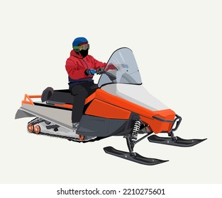 Snowman goes on a snowmobile isolated on the white background. Vector illustration