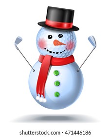 Snowman golfer with irons in black hat on golf ball. Vector isolated illustration on white background