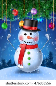 Snowman golfer with irons in black hat on golf ball. New Year colorful greeting card with evergreen pine branch and baubles with tinsel. Vector illustration on blue background with snowflakes