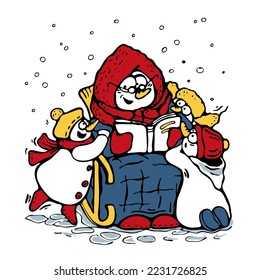 Snowman Grandmother with book or bible and children in a chair in winter The most important life things aren't things