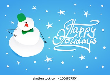 Snowman with green bucket and green bow tie.